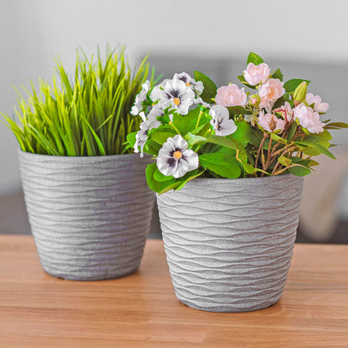 Plastic Plant Pot with Wave Design 18cm Grey - Set of 2